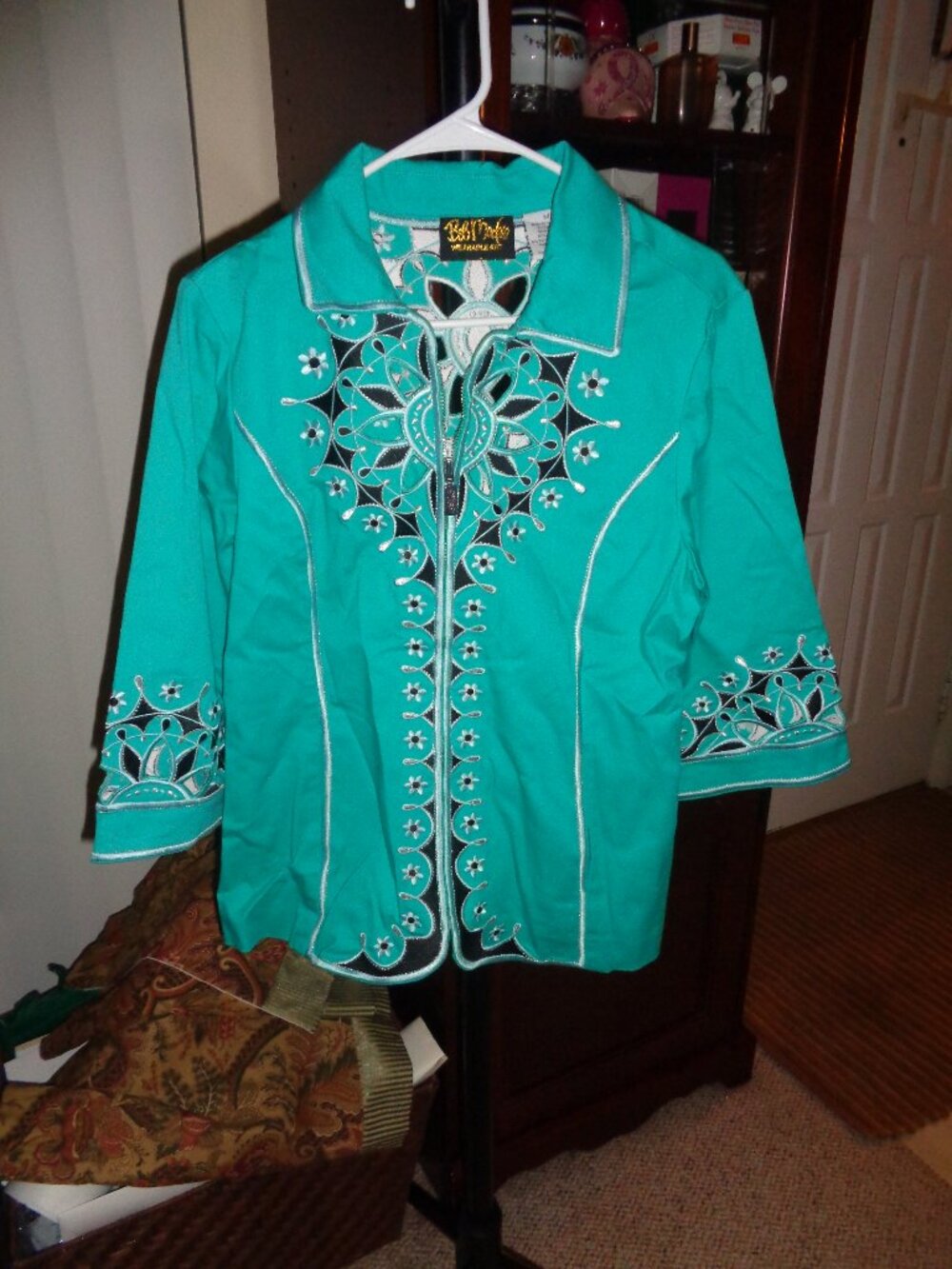 Bob Mackie Zippered Jacket Women Medium Wearable Art Embroidered Cutout Green